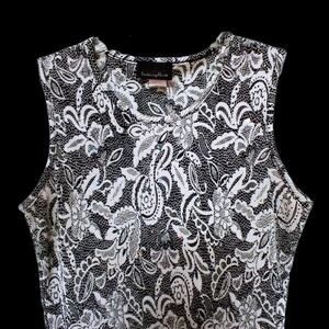 Womens Black White Floral Print Tank Top Ribbed Sequin Dressy Casual Shirt PL